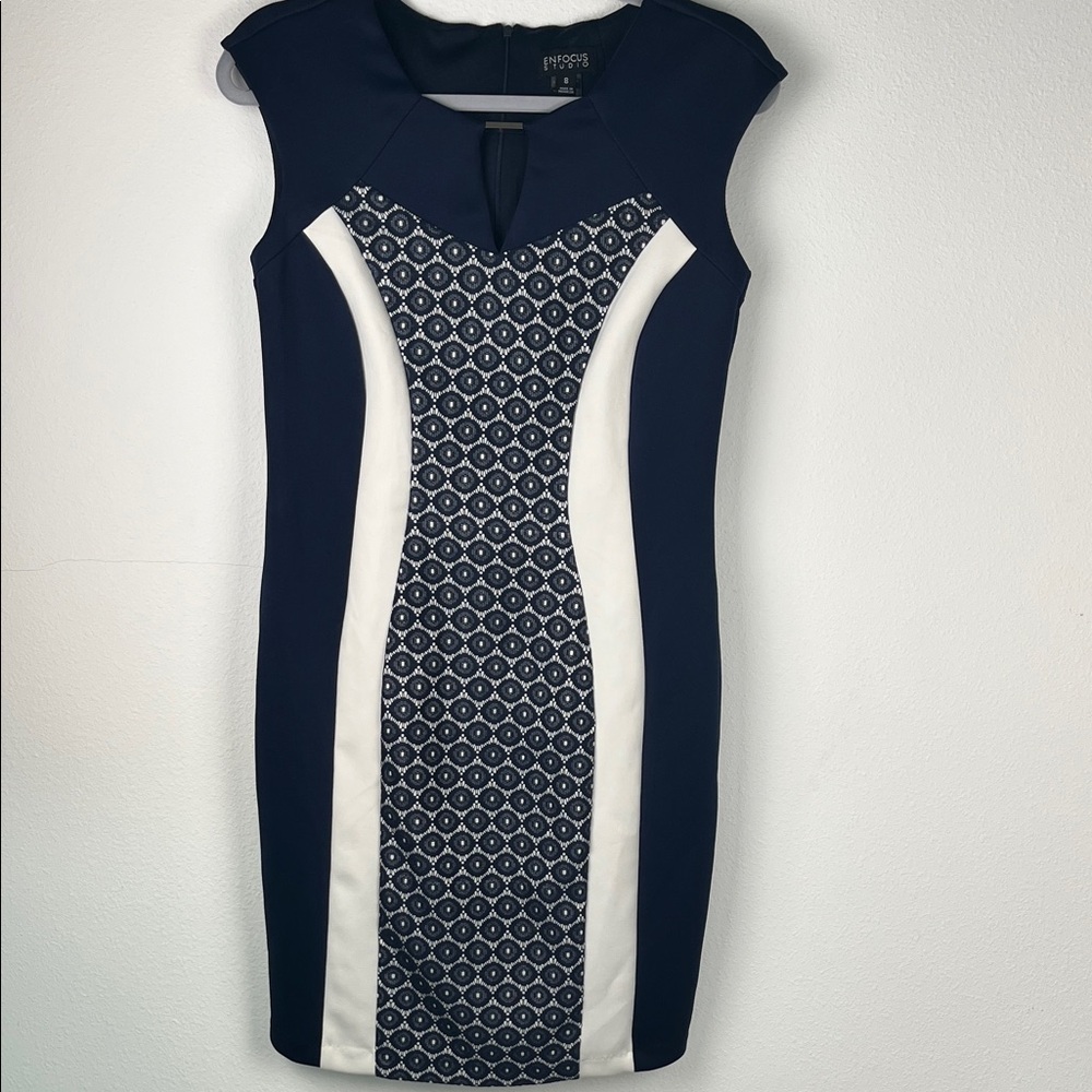 Enfocus Studio Navy and White Patterned Mini Dress
